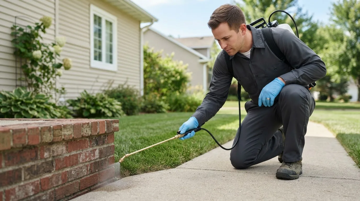 Pest control technician treating a home near Warwick, ND