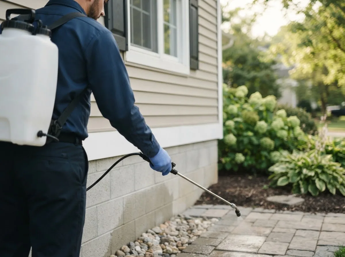 Pest control technician inspecting a home in Warwick, ND
